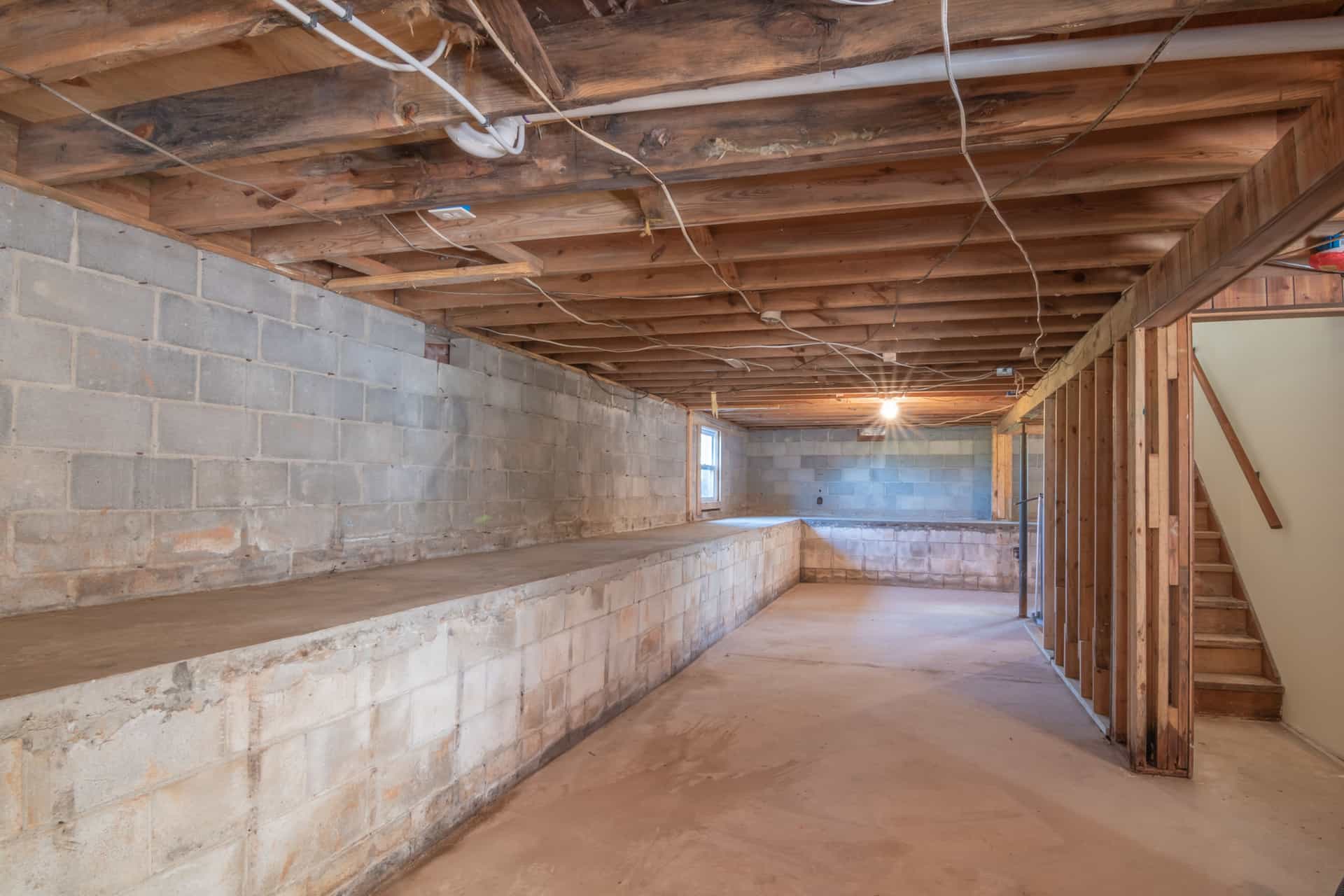 An unfinished basement interior with exposed joists